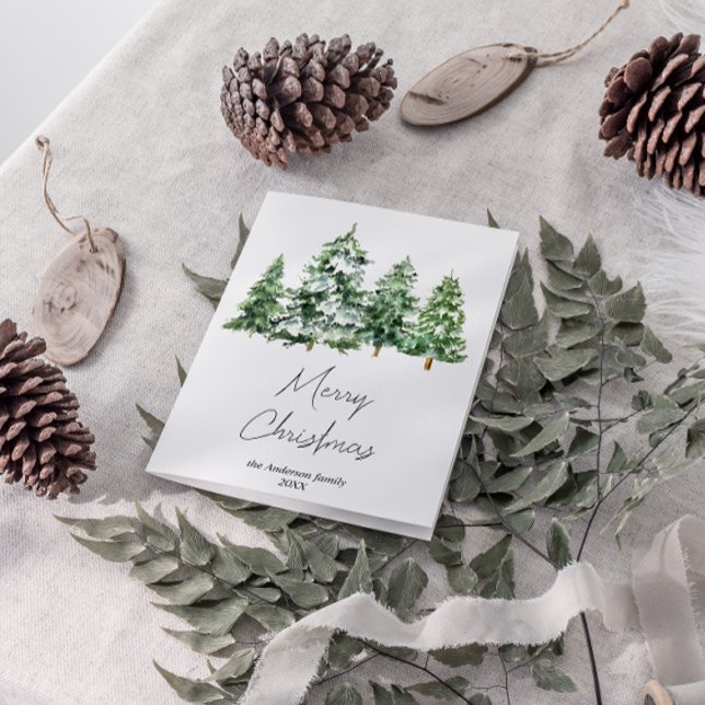 Tarjeta Festiva Watercolor Invierno Nieve Pinos Árboles Feliz Navi (Subido por el creador)