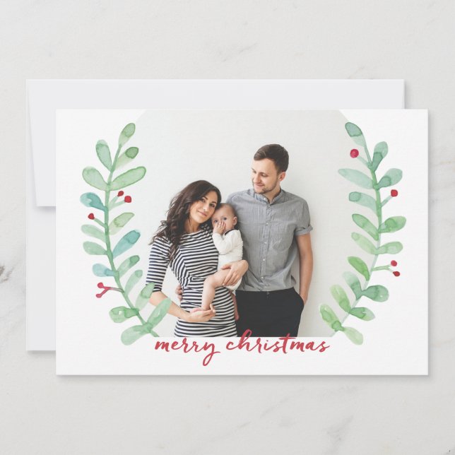 Tarjeta Festiva Watercolor Laurel Wreath Merry Christmas Photo (Anverso)