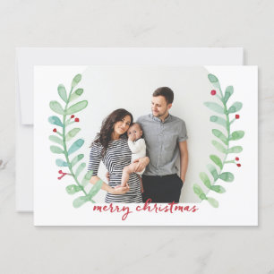 Tarjeta Festiva Watercolor Laurel Wreath Merry Christmas Photo