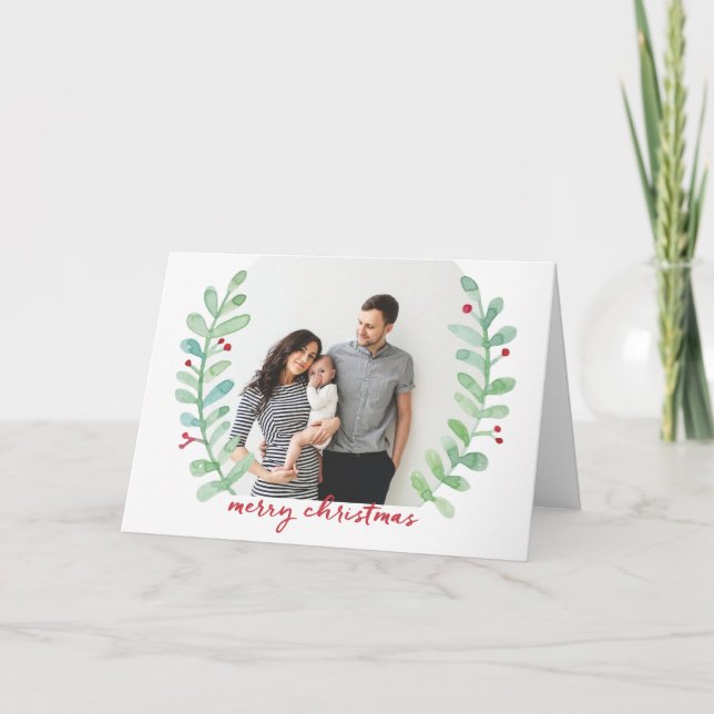Tarjeta Festiva Watercolor Laurel Wreath Merry Christmas Photo (Anverso)