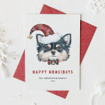 Tarjeta Festiva Watercolor Long Haired Chihuahua Happy Howlidays<br><div class="desc">¡Felices Howlidays! Envíe sus deseos de vacaciones a la familia y amigos con esta tarjeta de vacaciones de personalizable. Cuenta con una acuarela de cabello largo, chihuahua con un sombrero de Santa. Personalice esta tarjeta de vacaciones de chihuahua agregando sus detalles. Esta tarjeta de Navidad de perro está disponible en...</div>