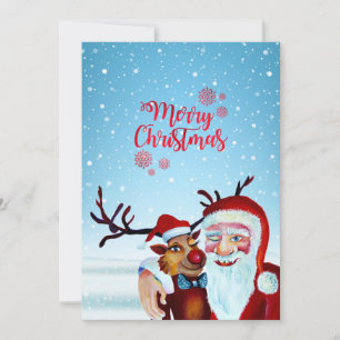 Tarjeta Festiva Watercolor Magical Santa Claus Sonriendo Rudolph