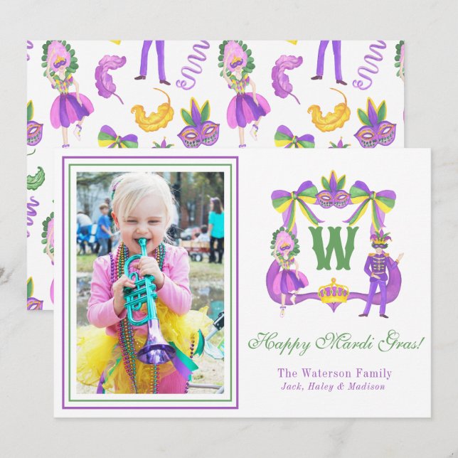 Tarjeta Festiva Watercolor Mardi Gras Monogram Crest Photo (Anverso / Reverso)