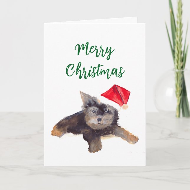 Tarjeta Festiva Watercolor Merry Christmas Santa Dog Mascota (Anverso)