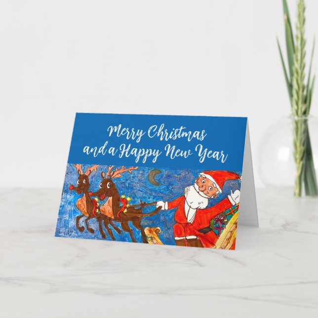Tarjeta Festiva Watercolor Merry Christmas Santa Reindeer (Anverso)
