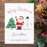 Tarjeta Festiva Watercolor Merry Christmas Santa Snowman<br><div class="desc">Feliz tarjeta navideña. Watercolor Santa,  muñeco de nieve,  árbol de Navidad,  no foto,  carta tradicional. Por favor,  personalícelo con sus detalles.</div>