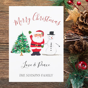 Tarjeta Festiva Watercolor Merry Christmas Santa Snowman