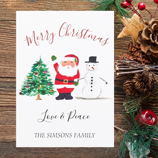 Tarjeta Festiva Watercolor Merry Christmas Santa Snowman (Subido por el creador)