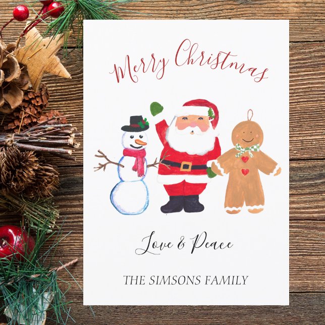 Tarjeta Festiva Watercolor Merry Christmas Santa Snowman (Subido por el creador)