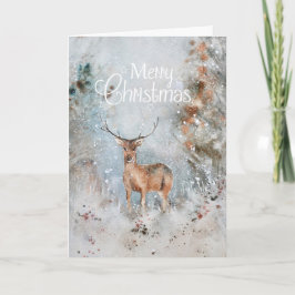 Tarjeta Festiva Watercolor Merry Christmas Snow Deer Woodland Holi