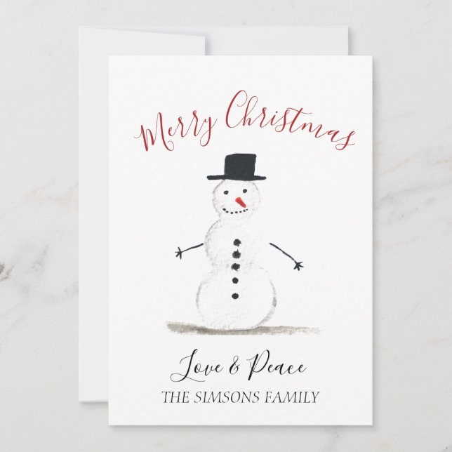Tarjeta Festiva Watercolor Merry Christmas Snowman (Anverso)