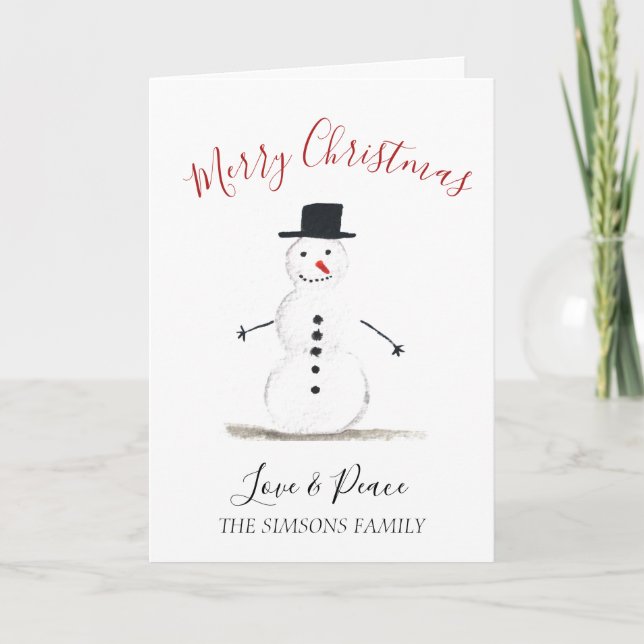 Tarjeta Festiva Watercolor Merry Christmas Snowman (Anverso)