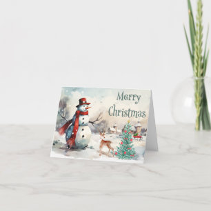 Tarjeta Festiva Watercolor Merry Christmas Snowman