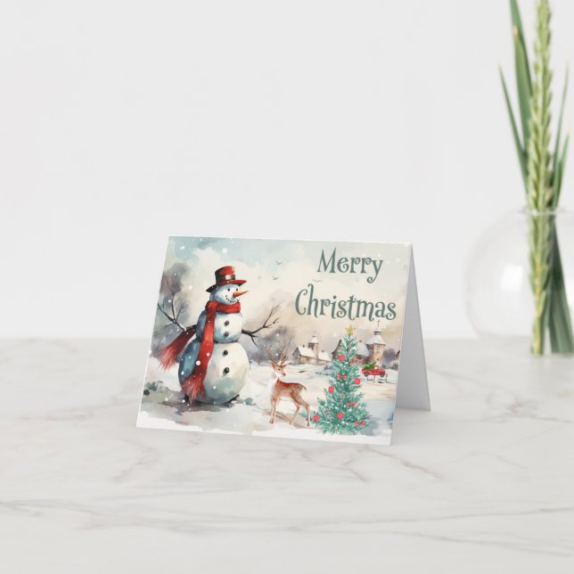 Tarjeta Festiva Watercolor Merry Christmas Snowman (Anverso)
