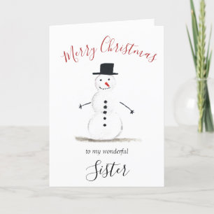 Tarjeta Festiva Watercolor Merry Christmas Snowman Sister