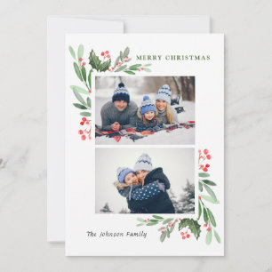 Tarjeta Festiva Watercolor Mistletoe Holly Berry Navidades 2 FOTOS