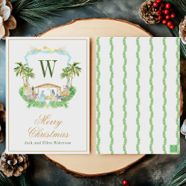 Tarjeta Festiva Watercolor Monogram Initial Nativity Crest