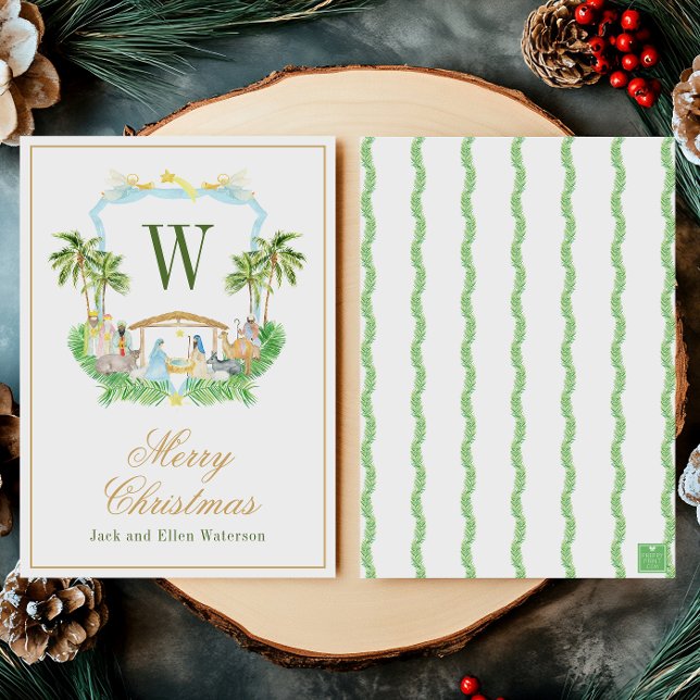 Tarjeta Festiva Watercolor Monogram Initial Nativity Crest (Subido por el creador)