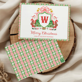 Tarjeta Festiva Watercolor Monogram Initial Santa Crest