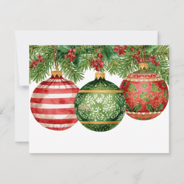 Tarjeta Festiva Watercolor Ornaments Pine Boughs Christmas (Anverso)
