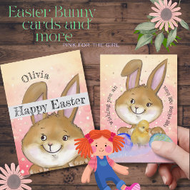 Tarjeta Festiva Watercolor Pascua Bunny Kids Pink