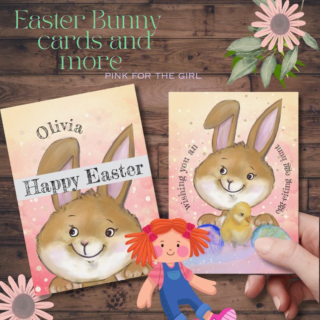 Tarjeta Festiva Watercolor Pascua Bunny Kids Pink (Watercolor Easter Bunny Kids Pink Holiday Card )