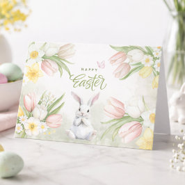 Tarjeta Festiva Watercolor Pastel Pink Tulips Easter Bunny