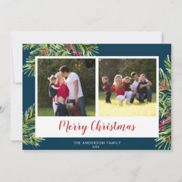 Tarjeta Festiva Watercolor Pine 2 Foto Blue Merry Christmas