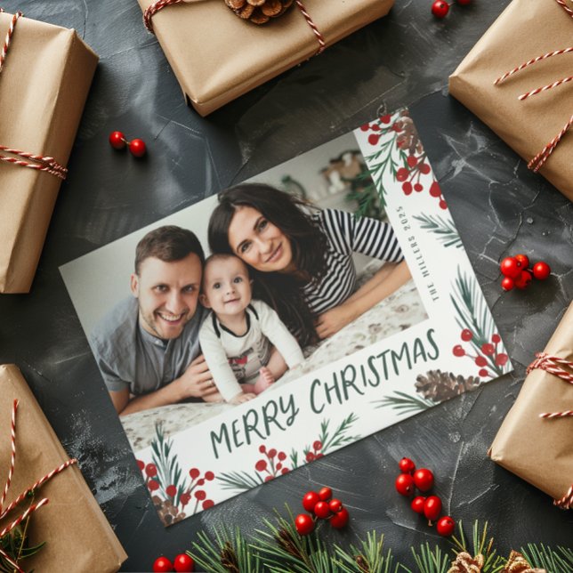 Tarjeta Festiva Watercolor pine and Berry Botanical photo (Subido por el creador)