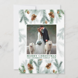 Tarjeta Festiva Watercolor Pine Cone Greenery Navidades Green