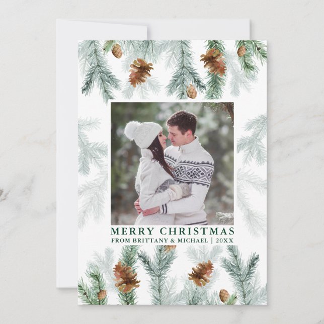 Tarjeta Festiva Watercolor Pine Cone Greenery Pareja Foto Verde (Anverso)