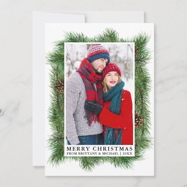 Tarjeta Festiva Watercolor Pine Frame Couple Photo (Anverso)