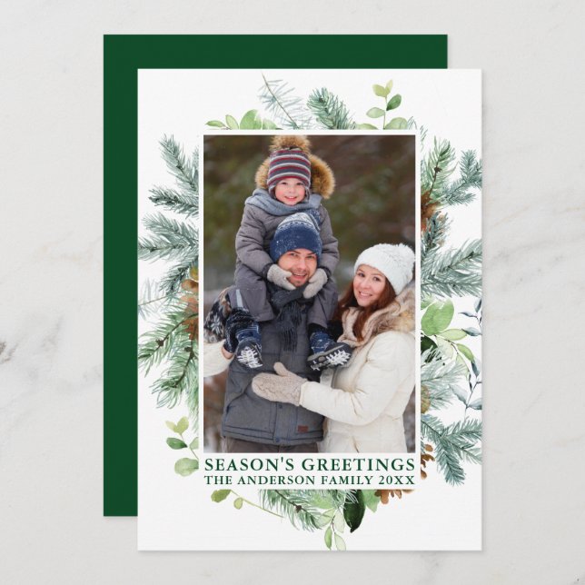Tarjeta Festiva Watercolor Pine Frame Green Season's Greetings (Anverso / Reverso)