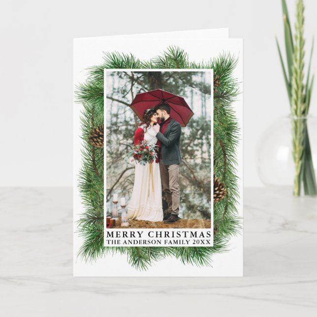 Tarjeta Festiva Watercolor Pine Frame Merry Christmas Photo (Anverso)