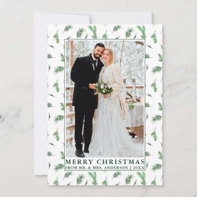 Tarjeta Festiva Watercolor Pine Greenery Navidades recién casados (Anverso)
