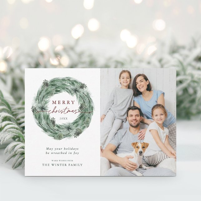 Tarjeta Festiva Watercolor Pine Tree Wreath Merry Christmas Photo (Subido por el creador)
