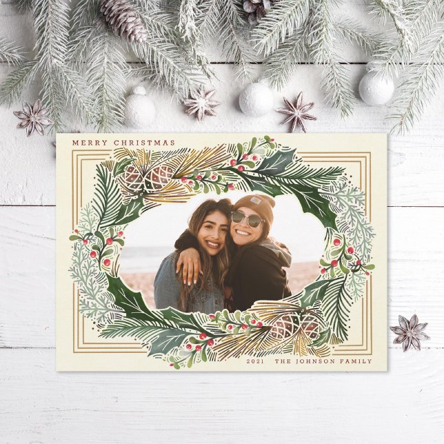 Tarjeta Festiva Watercolor Pinecone Ivory Holiday Photo (Subido por el creador)
