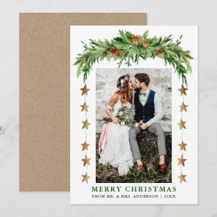 Tarjeta Festiva Watercolor Pines Boho Navidades recién casados Kra
