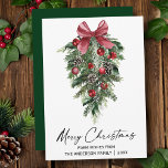 Tarjeta Festiva Watercolor Pines Calligraphy Ink Navidades Green<br><div class="desc">Moderna y elegante caligrafía Ink Script Watercolor Pines Winter Greeneration con Ornamentos de Navidad Borgoña Cinta Roja Bow,  Cones de Pino y Holly Berries Merry Christmas Card - Green</div>
