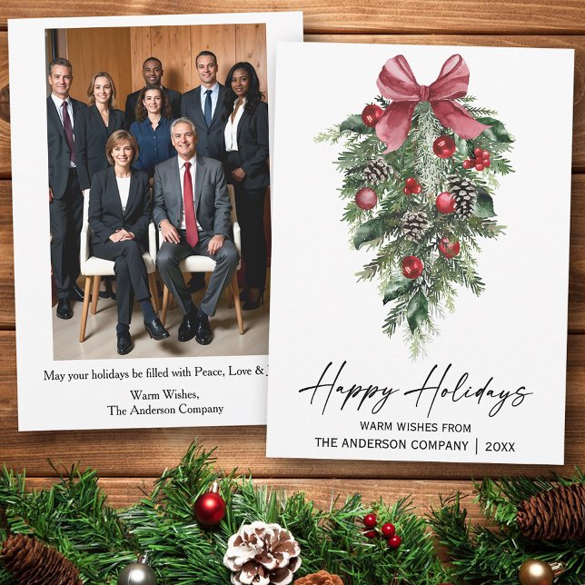 Tarjeta Festiva Watercolor Pines Company Photo Back (Customize to change your personalized text size or text style.)