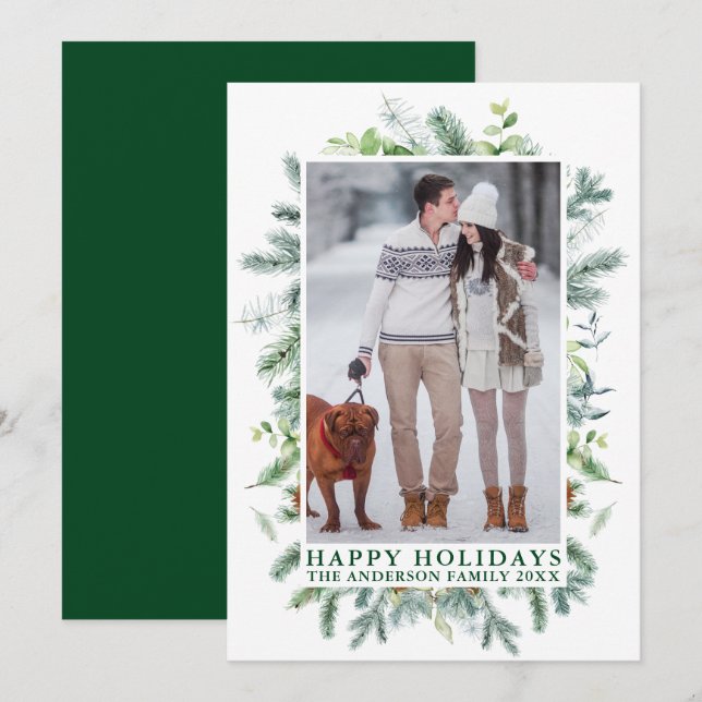 Tarjeta Festiva Watercolor Pines Frame Green Photo (Anverso / Reverso)