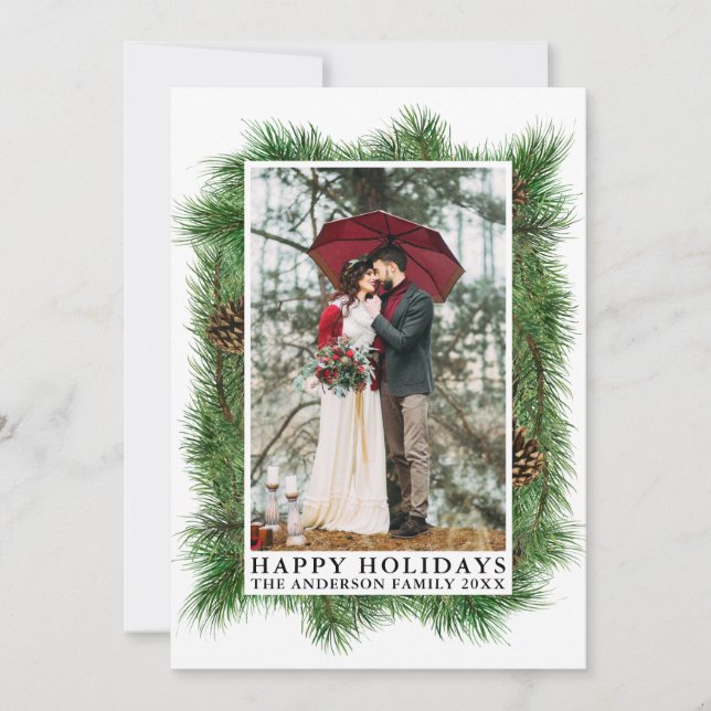 Tarjeta Festiva Watercolor Pines Frame Happy Holidays Photo (Anverso)