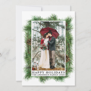 Tarjeta Festiva Watercolor Pines Frame Happy Holidays Photo