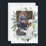 Tarjeta Festiva Watercolor Pines Frame Merry Christmas Green<br><div class="desc">Moderna y elegante acuarela Marco verde de pino y tonos de pino foto tarjeta navideña de navidad</div>