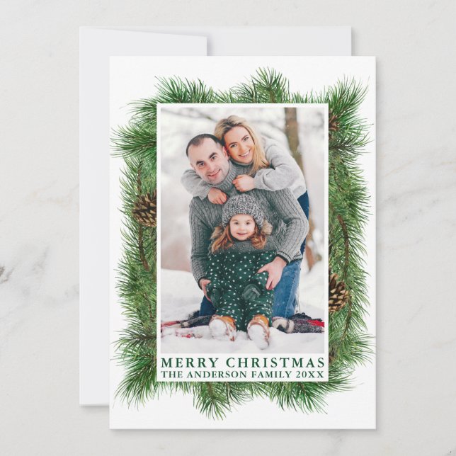 Tarjeta Festiva Watercolor Pines Frame Merry Christmas Green (Anverso)