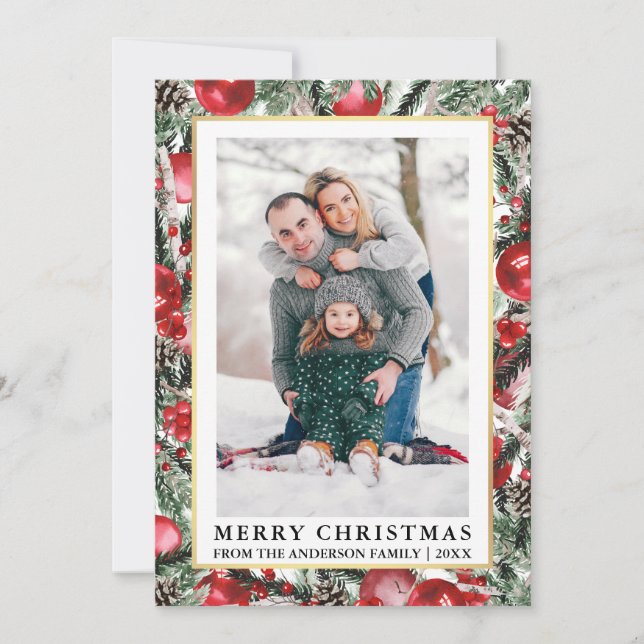 Tarjeta Festiva Watercolor Pines Red Christmas Ornamets Photo (Anverso)