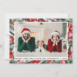 Tarjeta Festiva Watercolor Pines Red Ornaments Photo Navidades