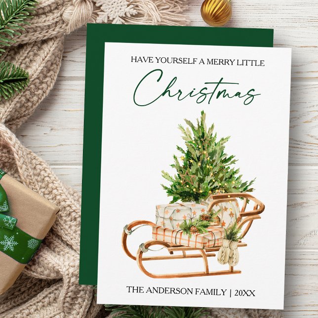 Tarjeta Festiva Watercolor Pines Sleigh Calligraphy Ink Script (Customize to change your personalized text size, style or change color of back of card.)