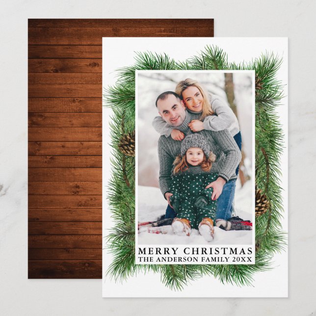 Tarjeta Festiva Watercolor Pines Wood Merry Christmas Photo (Anverso / Reverso)