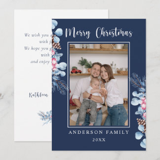 Tarjeta Festiva Watercolor Pink Blue Pine Branch Family Photo